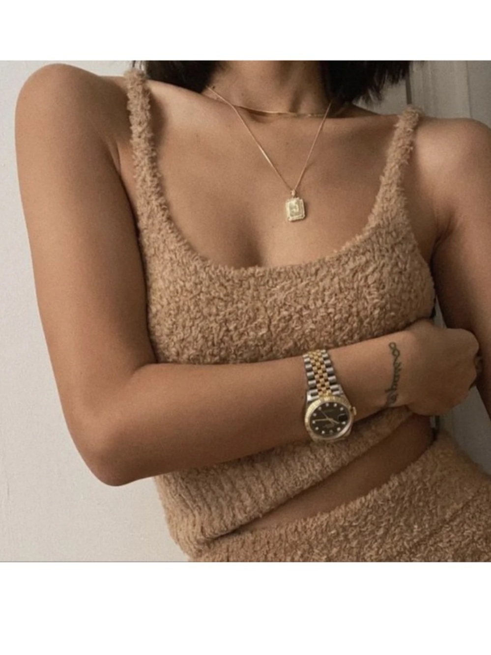 SKIMS Plush Teddy Knit Tank Top in Camel Brown